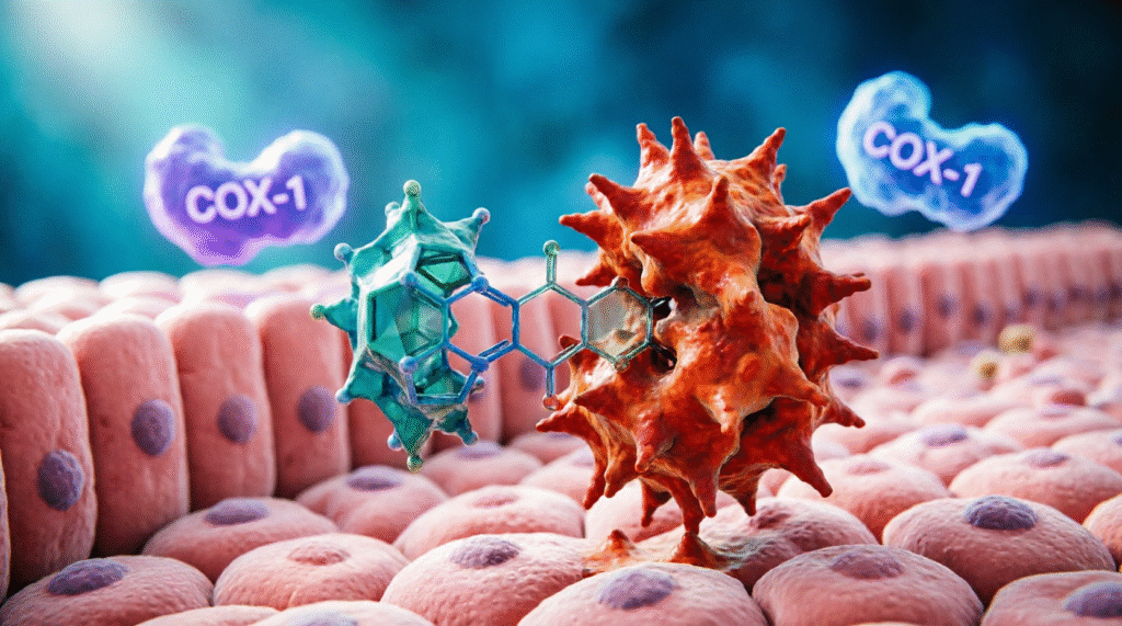 Representación conceptual a nivel molecular de iridoides glucosídicos modulando selectivamente la enzima COX-2 y protegiendo el tejido gástrico.